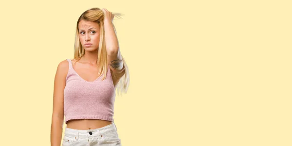 Portrait Young Pretty Blonde Woman Worried Overwhelmed — Stock Photo, Image