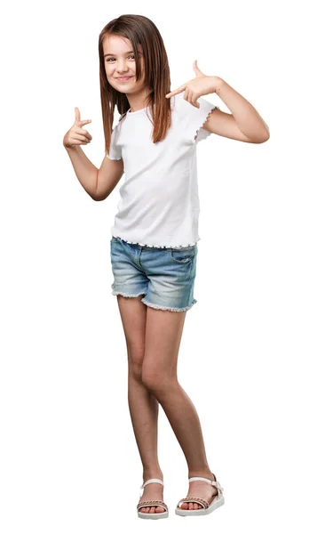 Full Body Little Girl Proud Confident Pointing Fingers Example Follow — Stock Photo, Image