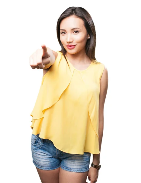Asian Woman Pointing Front Isolated White Background — Stock Photo, Image