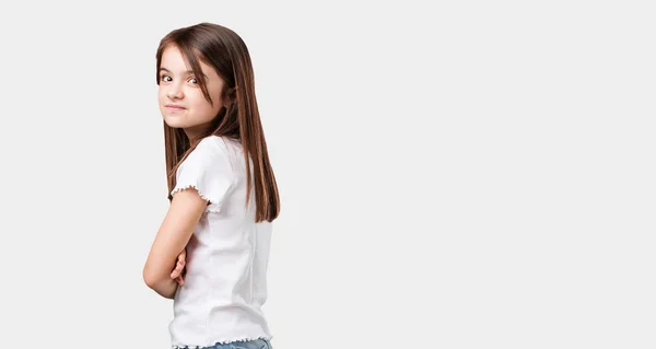 Full Body Little Girl Crossing His Arms Smiling Happy Being — Stock Photo, Image