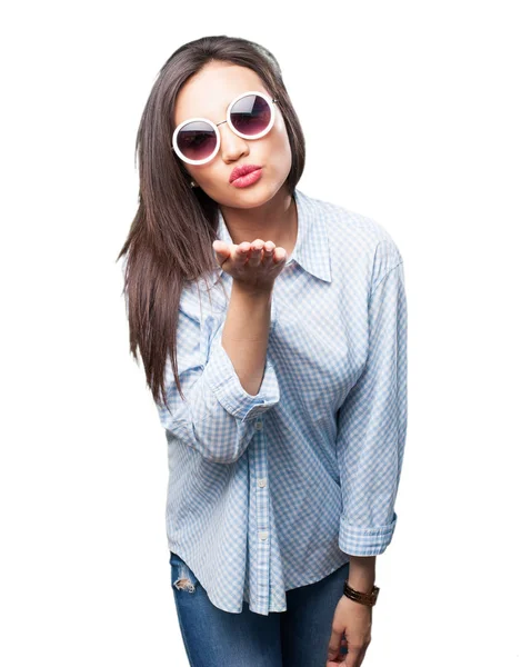 Asian Woman Sunglasses Sending Kisses Isolated White Background — Stock Photo, Image