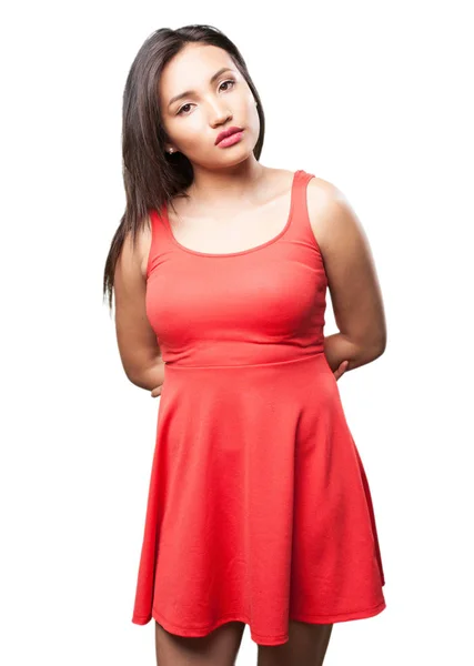 Asian Woman Red Dress Posing Isolated White Background — Stock Photo, Image