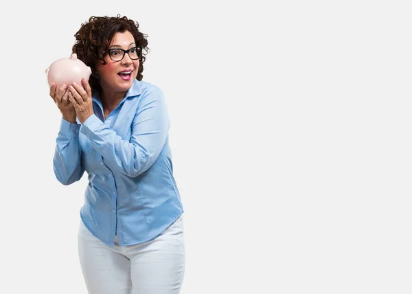 Middle Aged Woman Confident Cheerful Holding Piglet Bank Being Quiet — Stock Photo, Image