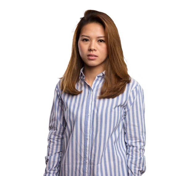 Čínská Žena Pruhované Tričko Stálé Izolované Bílém Pozadí — Stock fotografie