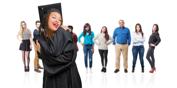 Young Graduated Black Woman Wearing Braids Proud Confident Pointing Fingers — Stock Photo, Image