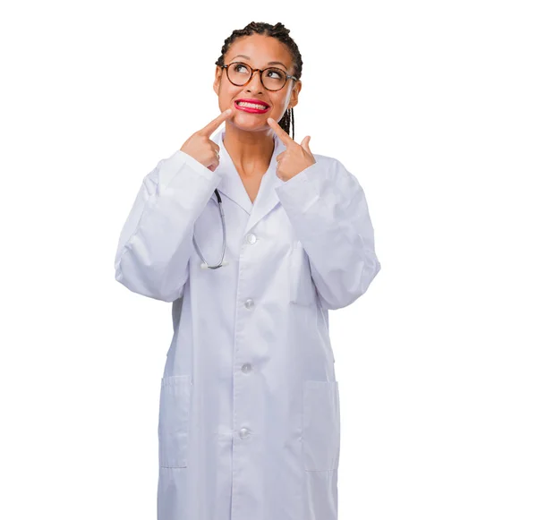 Portrait Young Black Doctor Woman Smiles Pointing Mouth Concept Perfect — Stock Photo, Image
