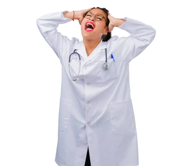 Portrait Young Black Doctor Woman Crazy Desperate Screaming Out Control — Stock Photo, Image