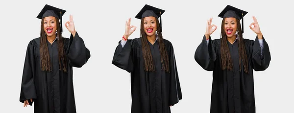 Set Graduated Young Black Woman Cheerful Confident Doing Gesture — Stock Photo, Image