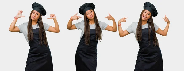 Set Young Black Female Baker Black Uniform Pointing Fingers Example — Stock Photo, Image