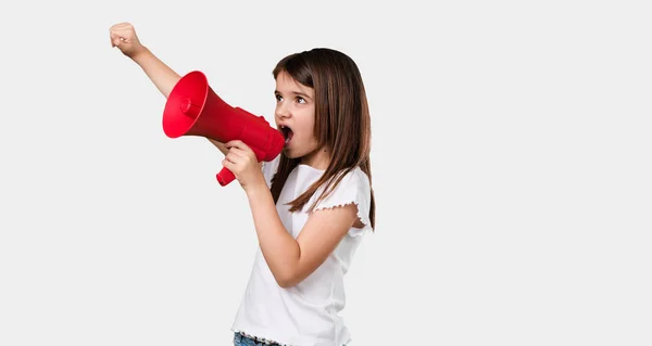 Full Body Little Girl Excited Euphoric Shouting Megaphone Sign Revolution — Stock Photo, Image