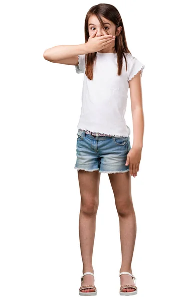 Full Body Little Girl Covering Mouth Symbol Silence Repression Trying — Stock Photo, Image