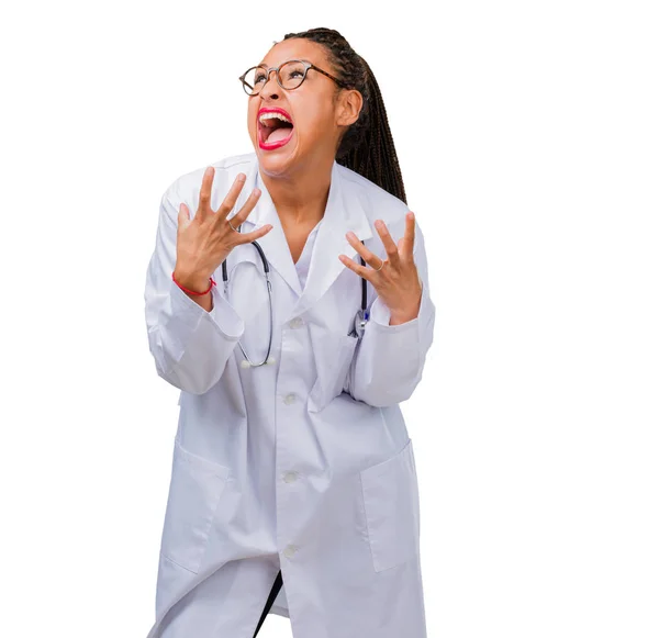 Portrait Young Black Doctor Woman Very Angry Upset Very Tense — Stock Photo, Image