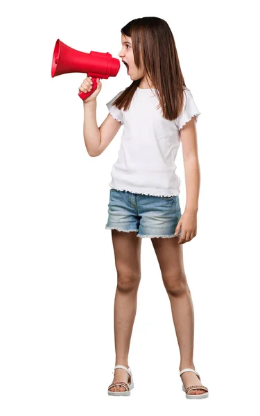 Menina Corpo Inteiro Animado Eufórico Gritando Com Megafone Sinal Revolução — Fotografia de Stock