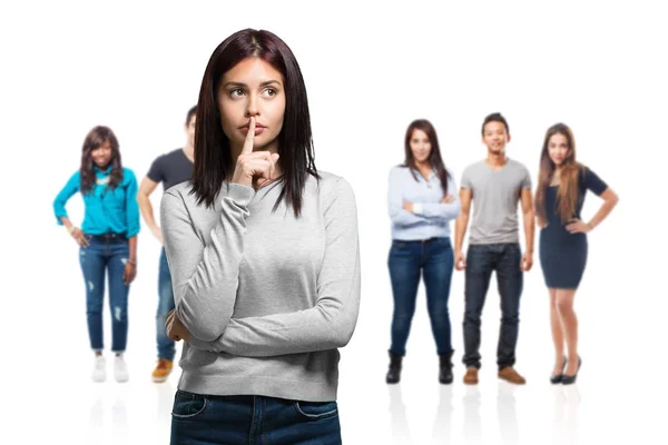 Young Pretty Woman Keeping Secret Asking Silence Serious Face Obedience — Stock Photo, Image