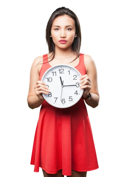 Asian Woman Holding Clock — Stock Photo, Image