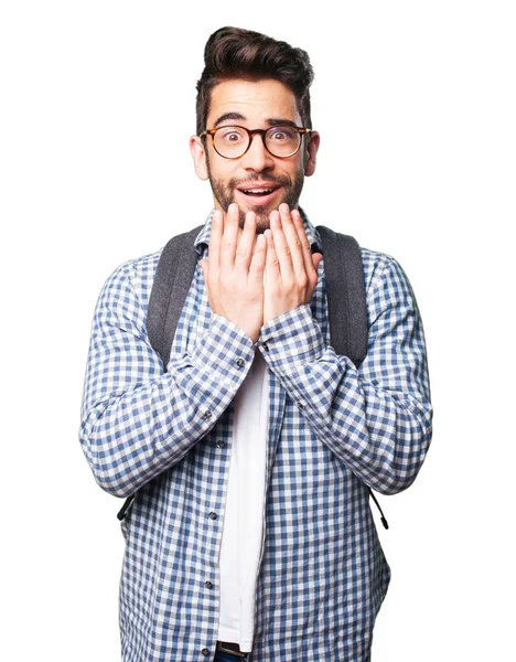 Beyaz arka plan üzerinde izole korkuyor öğrenci adam