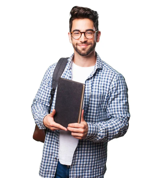 Studenta Muž Držící Knihu Izolovaných Bílém Pozadí — Stock fotografie