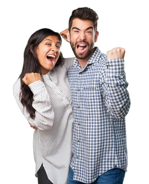 Jovem Casal Celebrando Isolado Branco — Fotografia de Stock