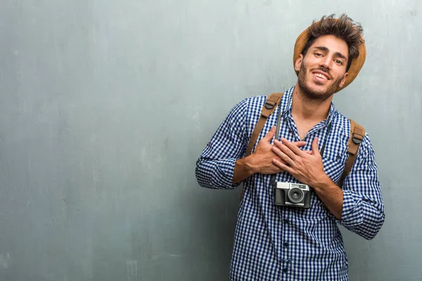 Young Handsome Traveler Man Wearing Straw Hat Backpack Photo Camera — Stock Photo, Image