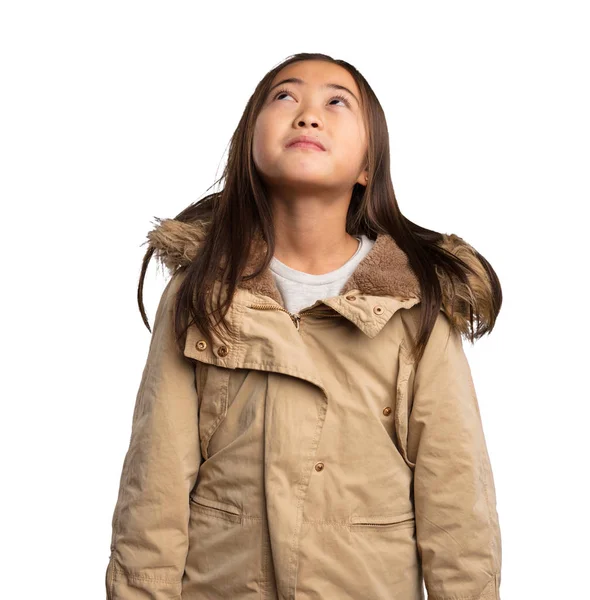 Chinese Little Girl Beige Jacket Thinking Isolated White Background — Stock Photo, Image