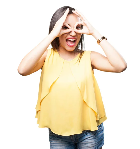 Asian Woman Doing Glasses Gesture Isolated White Background — Stock Photo, Image