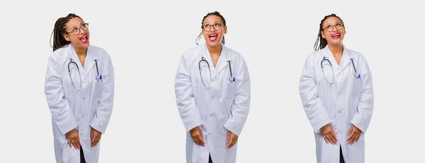 Set Young Black Female Doctor Looking Thinking Something Gray Background — Stock Photo, Image