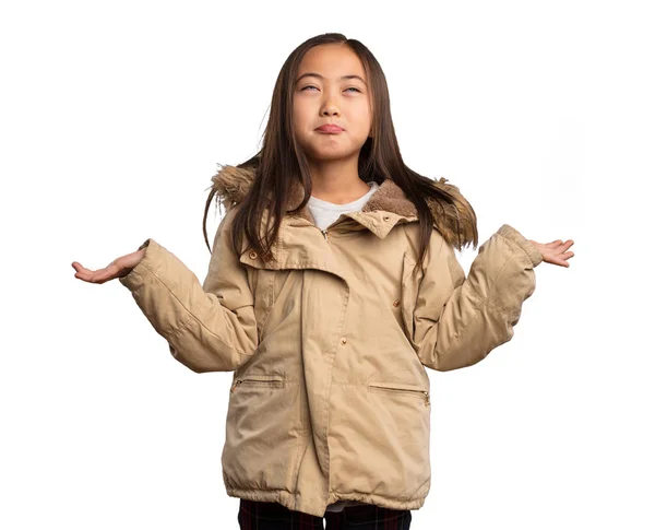 Chinese Little Girl Beige Jacket Doubting Isolated White Background Royalty Free Stock Images