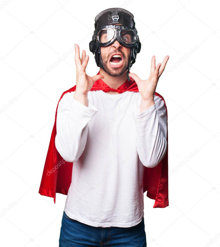 angry super hero shouting isolated on white background
