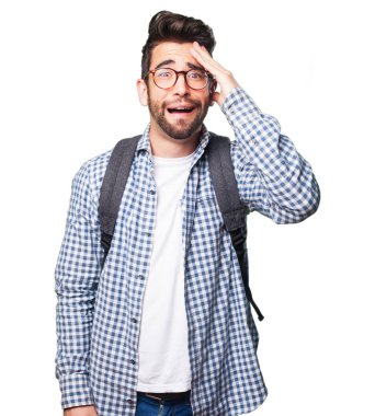 Beyaz arka plan üzerinde izole sürpriz öğrenci adam