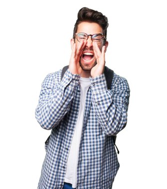 izole üzerinde beyaz arka plan bağırarak öğrenci adam