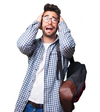 Beyaz arka plan üzerinde izole stresli öğrenci adam