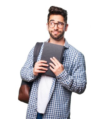 Beyaz arka plan üzerinde izole bir kitap öğrenci adam