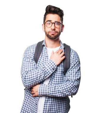 Beyaz arka plan üzerinde izole üzgün öğrenci adam