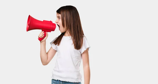 Full Body Little Girl Excited Euphoric Shouting Megaphone Sign Revolution — Stock Photo, Image