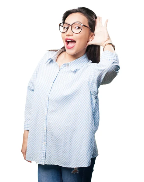 Asian Woman Listening Isolated White Background — Stock Photo, Image