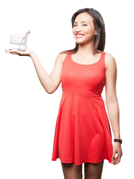 Mujer Asiática Vestido Rojo Sosteniendo Carrito Compras —  Fotos de Stock