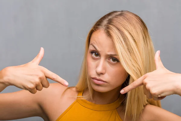 Portrait Natural Young Blonde Woman Pointing Fingers Example Follow — Stock Photo, Image