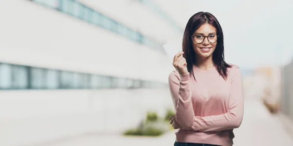 Young Pretty Woman Smiling Confident Offering Business Card Has Thriving — Stock Photo, Image