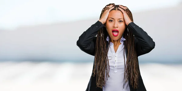 Portrait Young Black Business Woman Frustrated Desperate Angry Sad Hands — Stock Photo, Image