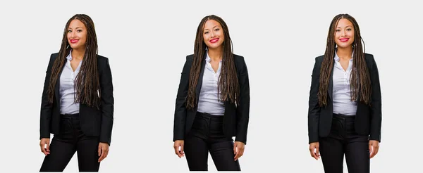 Set Young Black Business Woman Cheerful Big Smile Gray Background — Stock Photo, Image