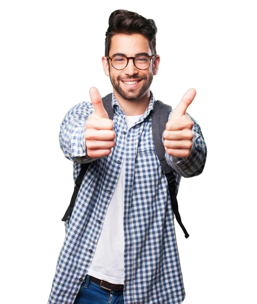 Estudiante Hombre Haciendo Bien Gesto Aislado Sobre Fondo Blanco —  Fotos de Stock