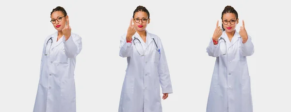 Set Young Black Female Doctor Showing Number One Gray Background — Stock Photo, Image