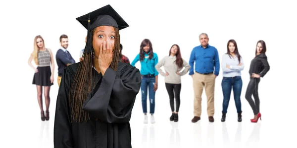 Young Graduated Black Woman Wearing Braids Very Scared Afraid Desperate — Stock Photo, Image