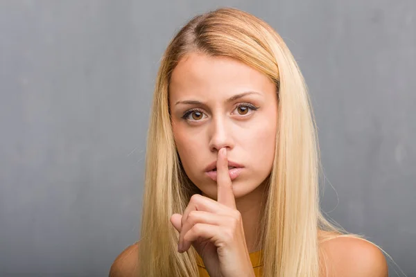 Portrait Natural Young Blonde Woman Keeping Secret Asking Silence — Stock Photo, Image