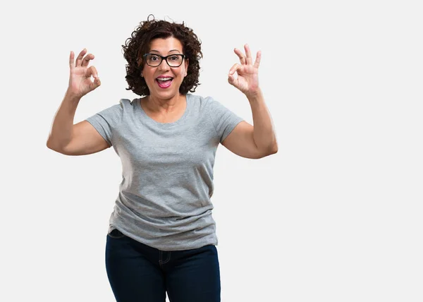 Middle Aged Woman Cheerful Confident Making Gesture Excited Screaming Concept — Stock Photo, Image
