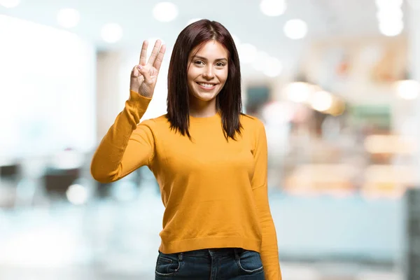 Young Pretty Woman Showing Number Three Symbol Counting Concept Mathematics — Stock Photo, Image