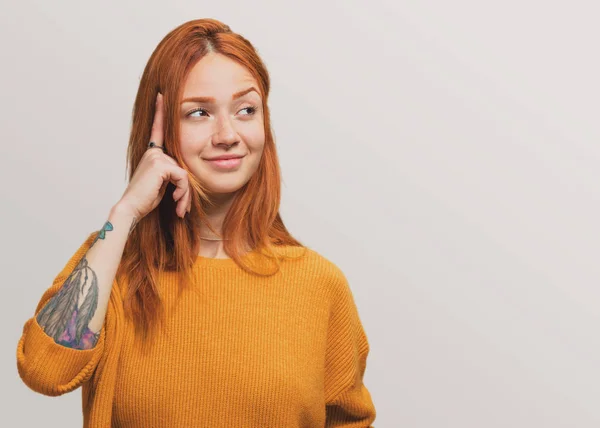 Portrait Pretty Redhead Girl Thinking — Stock Photo, Image