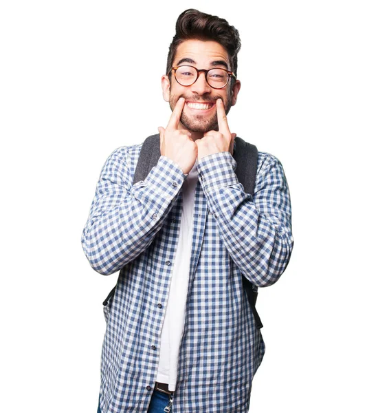 Beyaz arka plan üzerinde izole mutlu öğrenci adam