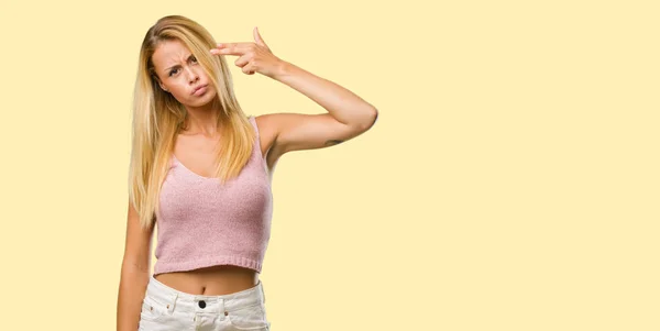 Portrait Young Pretty Blonde Woman Making Suicide Gesture — Stock Photo, Image