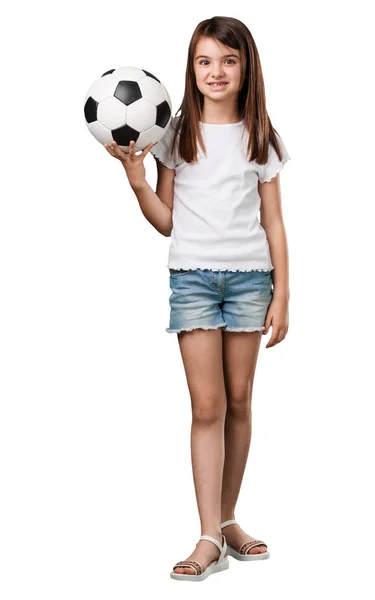 Corpo Pieno Bambina Sorridente Felice Tenendo Pallone Calcio Atteggiamento Competitivo — Foto Stock